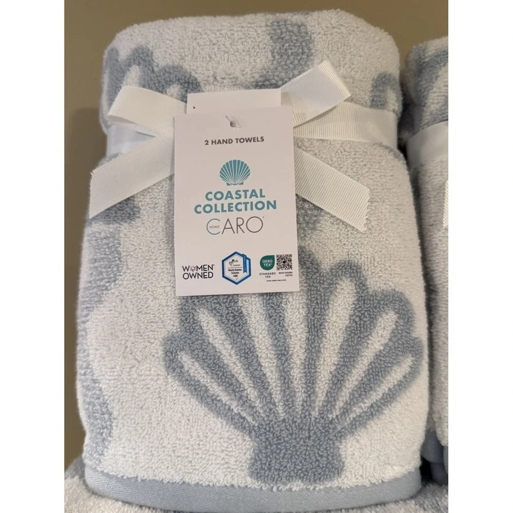 6pc CARO Home Plush Bath Hand Tip Towel Set Blue & White Nautical Coastal Shells